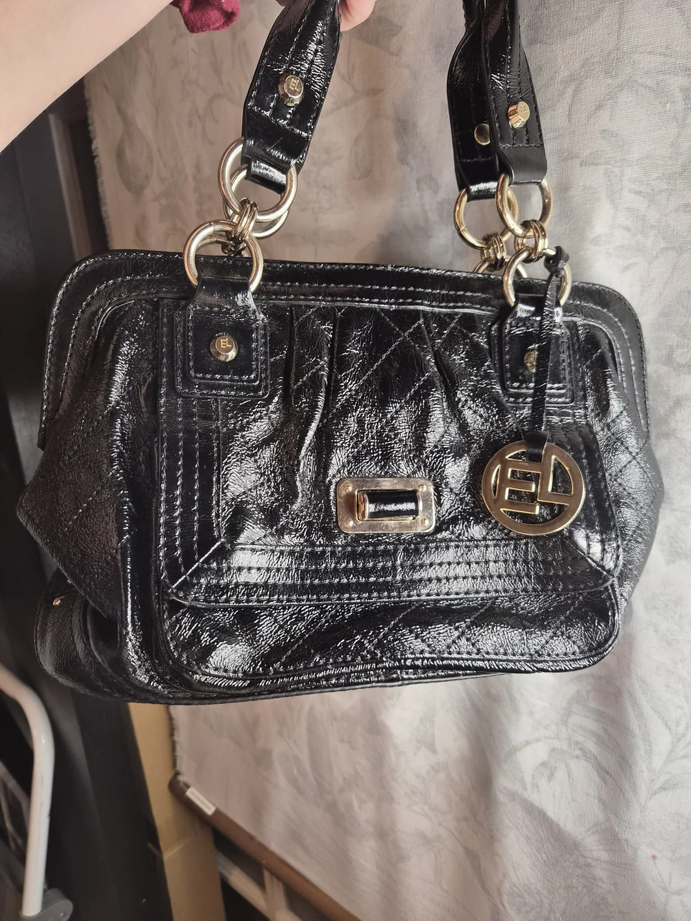 Elliott Lucca Black Patent Leather Satchel Shoulder Bag Gold Hardware EUC
